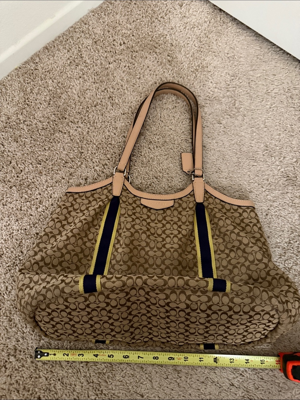 Coach Canvas Tote with Navy & Yellow Stripe Accents - Picture 12 of 16